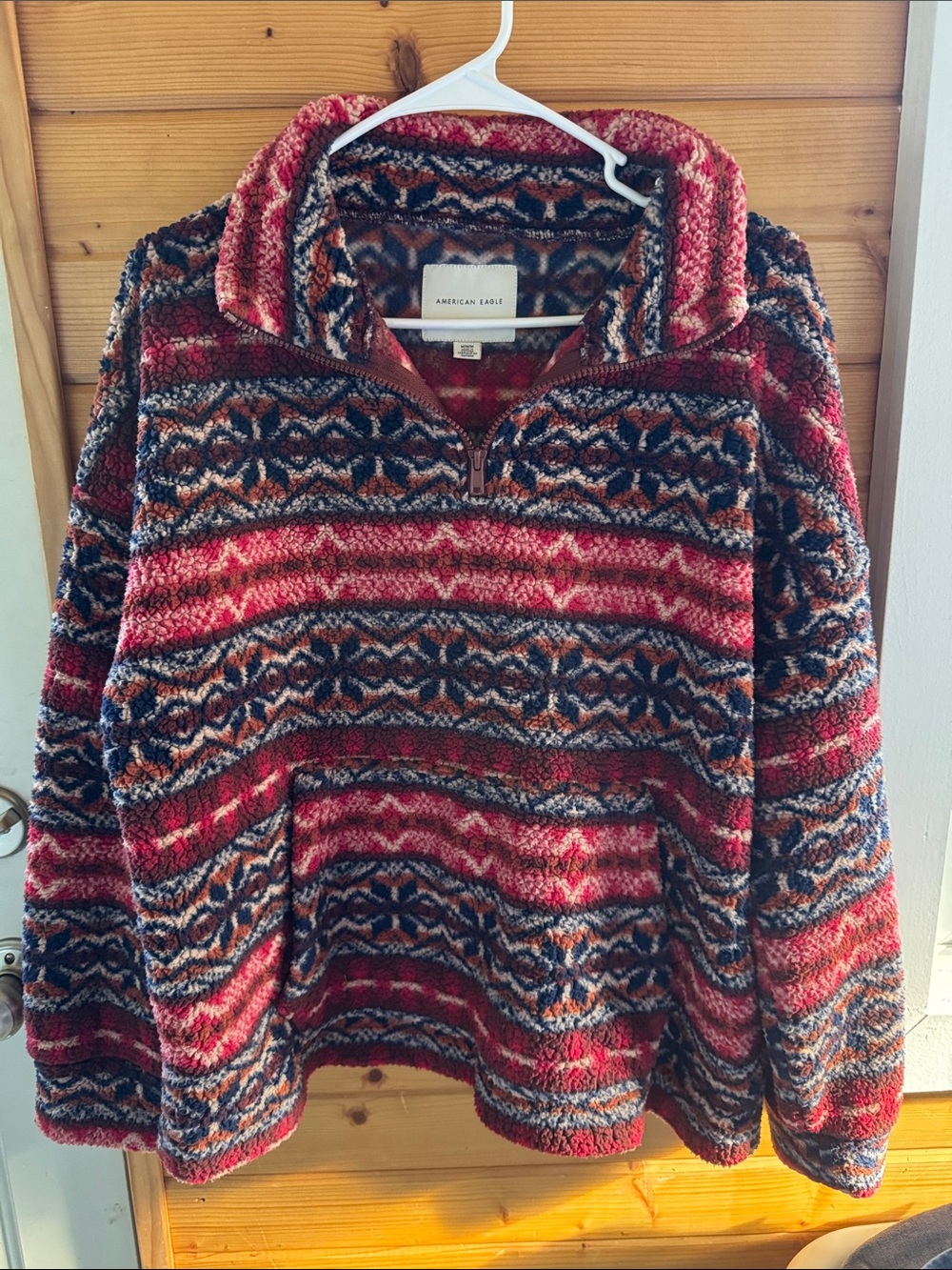 American Eagle Outfitters Red and Navy Patterned Plush Half-Zip Pullover